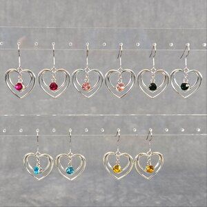 Women's Crystal Birthstone Charm Earrings Double Heart Gemstone Dangle Earrings
